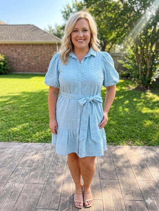 Society Social Crown & Ivy Dresses & Skirts - Light Blue Eyelet Shirt Mini Dress with Tie Waist